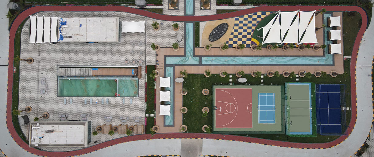 Aerial view of Sports Flooring Complex designed by Terrain Rubber Flooring at Lawnz by Danube